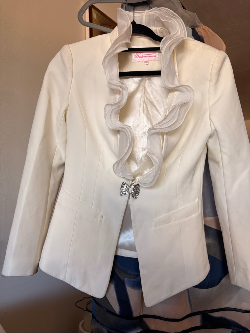 Women's Ivory Ruffle Collar Blazer with Jeweled Clasp ( NWOT)